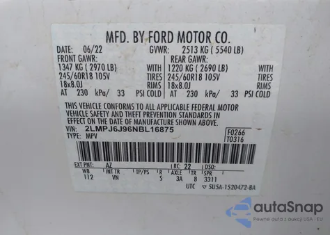 2022 Lincoln Nautilus Standard z USA, uszkodzony, nr VIN 2LMPJ6J96NBL16875